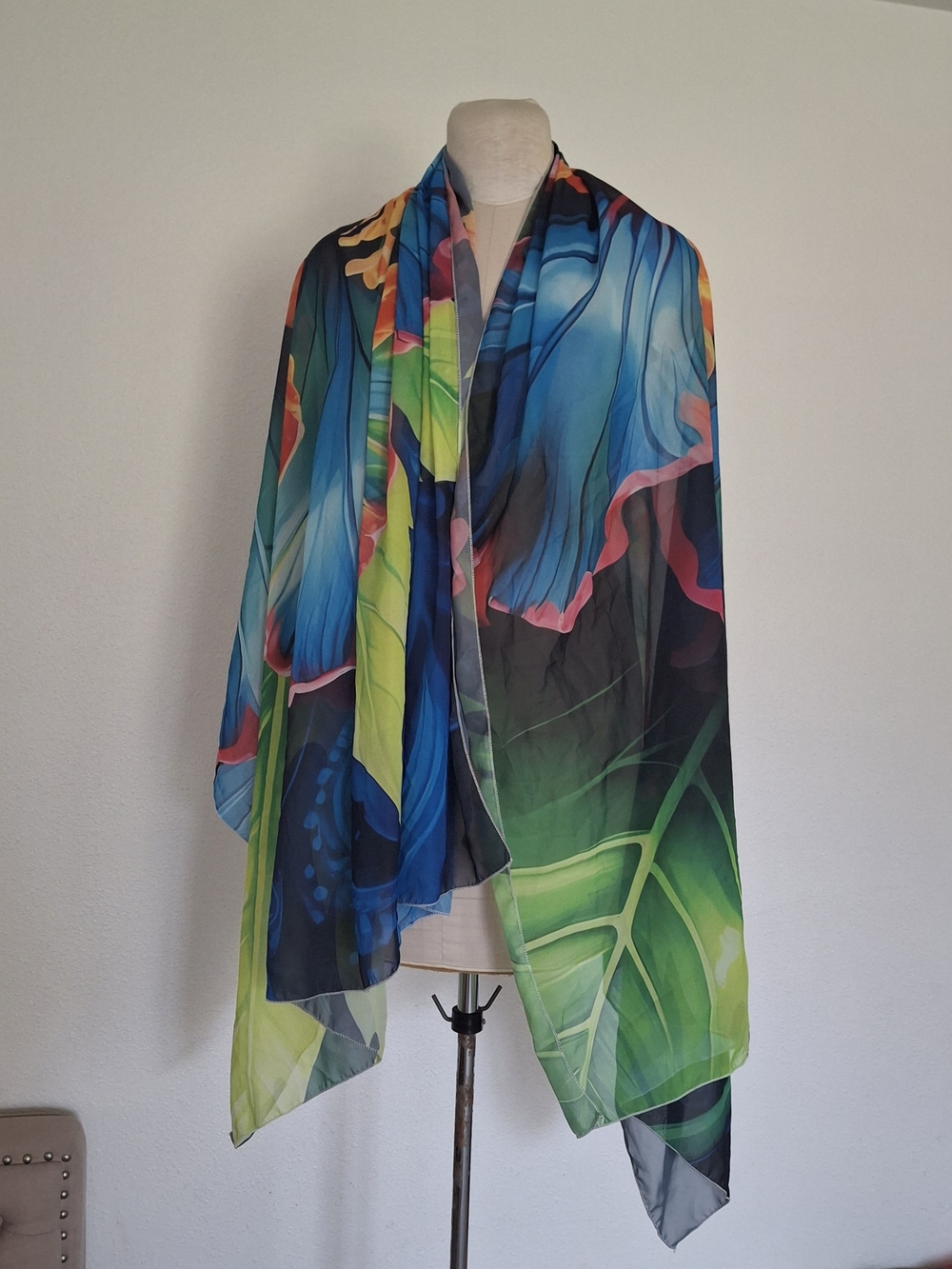 Vibrant Blue & Green Floral Draped Shawl Scarf
